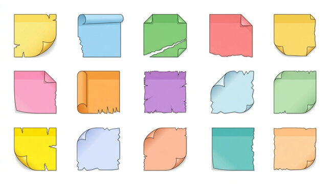 Collection of colorful torn sticky notes on white background.
