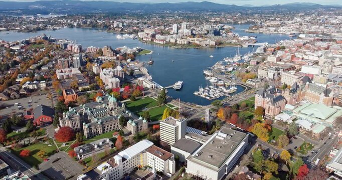 Aerial view of BC Legislative Parliament Building near harbor in Victoria, British Columbia, Canada