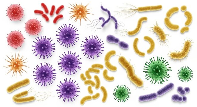 Diverse collection of bacteria and viruses shown as microscopic organisms