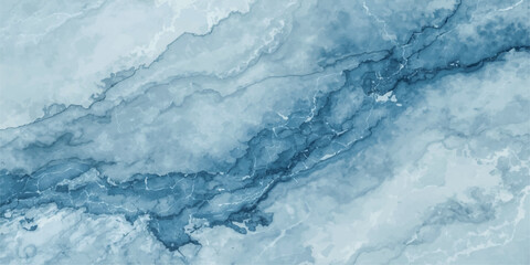An abstract background featuring a beautiful frozen blue ice texture and cold water surface beneath a bright winter sky with fluffy white clouds and snow. © Liza
