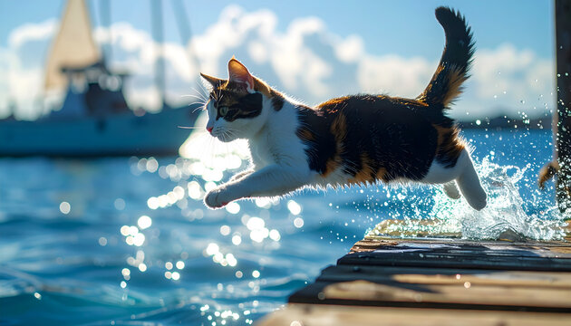 Japanese Bobtail cat leaping from a wooden dock toward a boat silhouetted against a sparkling blue sea with a distinct tail generative AI