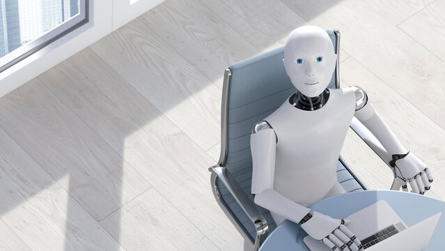 Robot on laptop, 3D Rendering