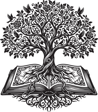 Intricate tree of life illustration, book roots, black and white vector, ornate design, symbol of knowledge