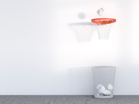3D Rendering, wastepaper basket under basketball hoop, unerring