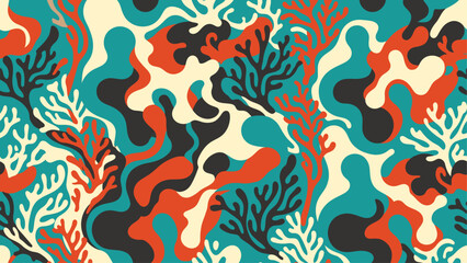 Seamless Camouflage Pattern with Coral Reef Elements in Vibrant Orange Teal and Cream © Robich Art