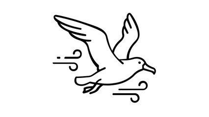 Naklejka premium Minimalist albatross flying line icon vector illustration featuring a soaring marine bird with stylized wind swirls, perfect for nature, wildlife, sea travel, and environmental design projects.