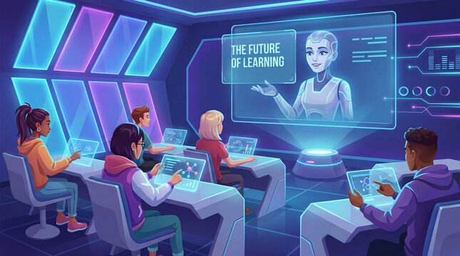 Virtual classroom, futuristic education, digital learning, technology in education