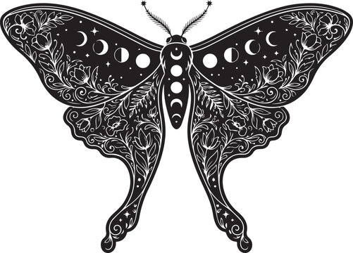 Moon Phase Butterfly, Lunar Moth, Black and White Vector, Celestial Insect, Astrology Symbol