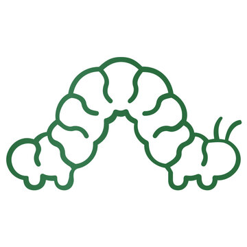 Lean verdant contour of a segmented caterpillar inching forward with a rounded head and tiny prolegs, a spare larva emblem in clean wiry line art for garden nature branding, biological life-cycle
