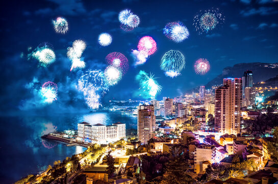 Monaco, fireworks above Monte Carlo at night