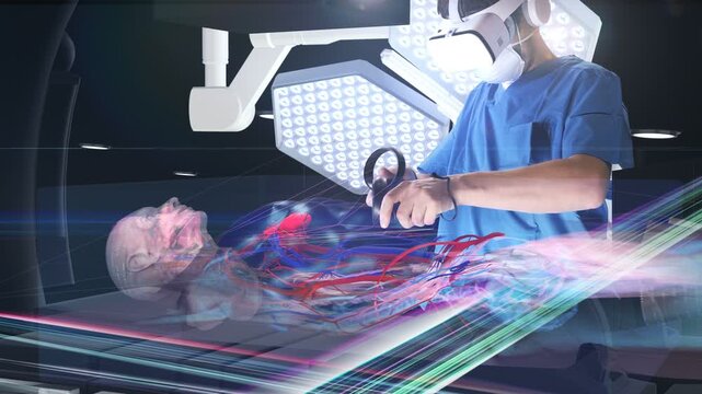 Medium shot of surgeon in VR headset and mask performing simulation surgery on patient hologram. Doctor holding controllers to analyze digital twin body with circulatory system in futuristic operating