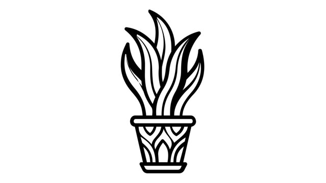 Spare monochrome stroke depiction of a mother-in-law's tongue houseplant standing tall in a container pot, its long sword-shaped leaves reaching upward &mdash; a stylish botanical glyph for interior decor