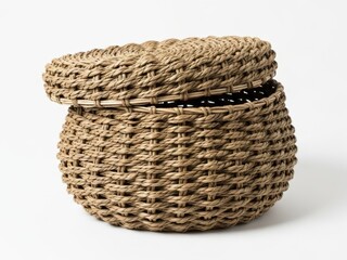 Obraz premium Woven round basket with lid, natural fibers, rustic texture, isolated on white background, keywords: basket, woven