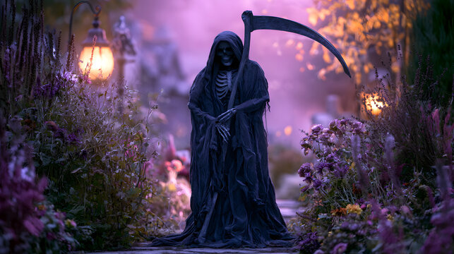 Haunted front yard halloween display with grim reaper props and eerie holiday decor