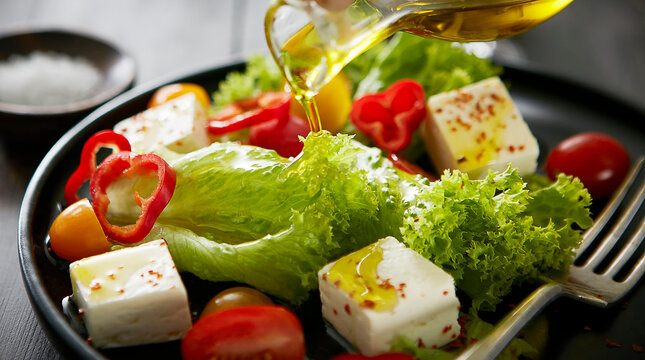 Feta salad with red bell peppers, tomatoes and olive oil
