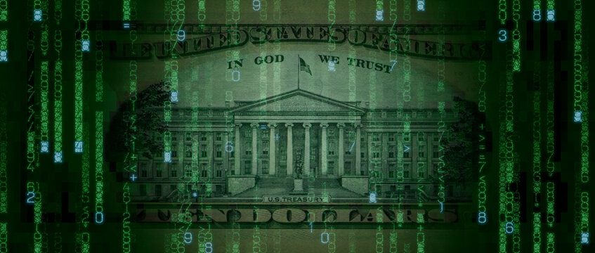 Electronic Currency Concept with Ten Dollar Bill made up of Code. Innovative Finance Background.