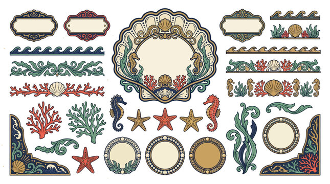 Victorian marine naturalist ornament vector set with seashell frames, coral borders, seahorse motifs and antique coastal decorative elements