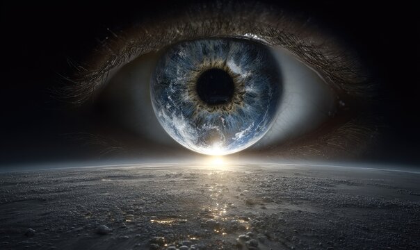 A surreal, eye-shaped Earth watches over a desolate planet, with a distant, vibrant sunrise