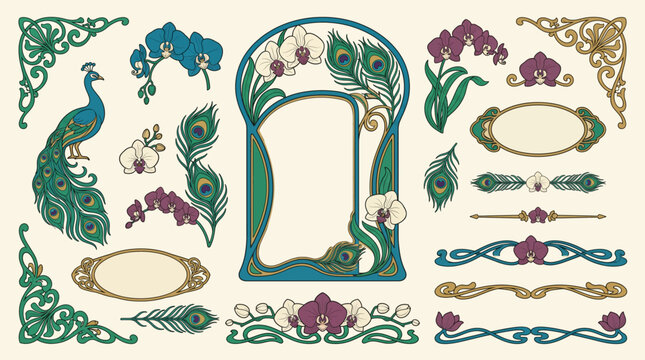 Art Nouveau peacock orchid ornament vector set with feather borders, botanical frames, floral dividers and elegant vintage decorative elements