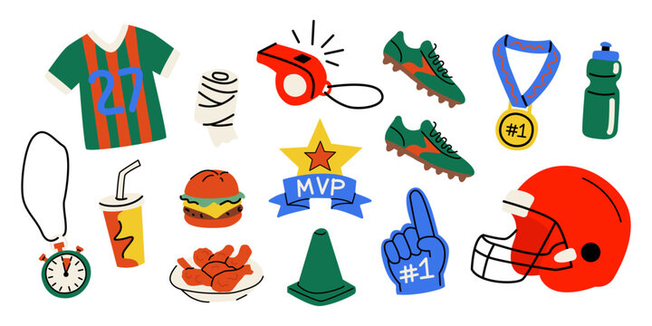 A vector set of American football elements in doodle style. The sports equipment, rugby ball, helmet, cleats, fast food, whistle, medal, and uniform are presented in a sports-themed design
