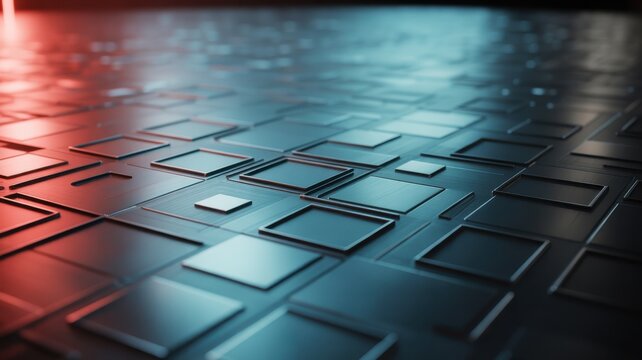 Futuristic microchip processor array background with glowing blue and red lights