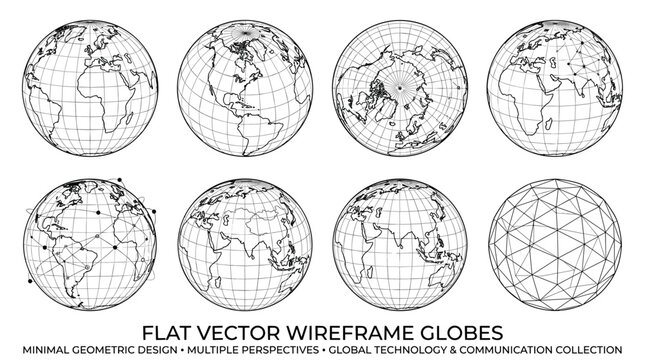 Flat Wireframe Globe Communication Icons