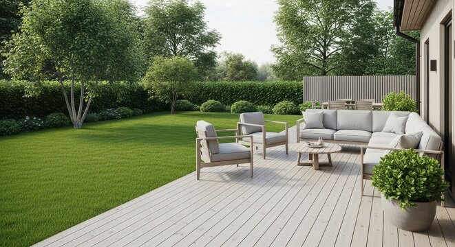 Scandinavian backyard with modern outdoor furniture on a wooden deck and lush green lawn