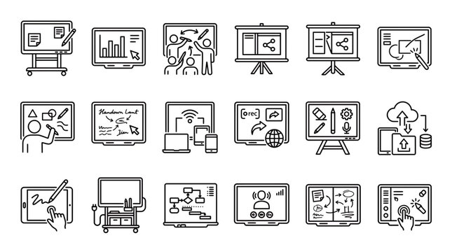 Set of interactive digital whiteboard icons and smart classroom equipment line art isolated on white, representing modern educational technology and illustrating business presentation tools