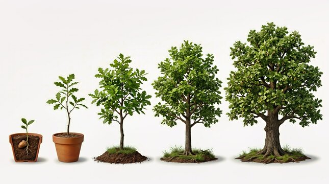 Oak Tree Growth Stages From Acorn to Full Tree on White Background