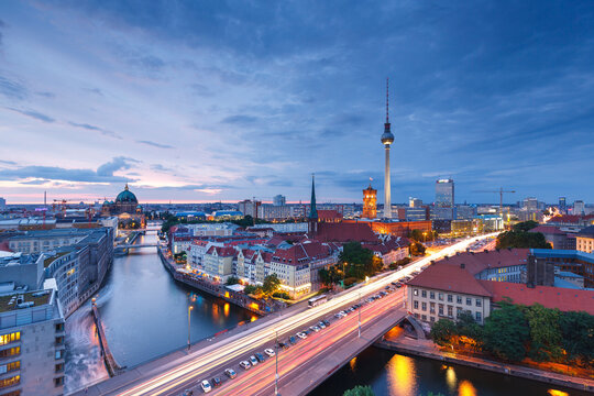 Germany, Berlin, Berlin-Mitte, Fisher Island and Berlin TV Tower in the evening