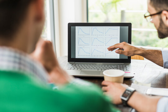 Two businessmen analysing line graphs on laptop monitor