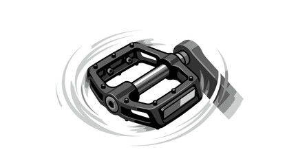 Naklejka premium Modern black mountain bike platform pedal spinning rapidly with motion blur effect on white background, illustrating high speed cycling performance and representing active outdoor lifestyle