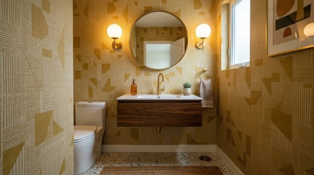 Powder room featuring a modern floating vanity, round mirror, and patterned
