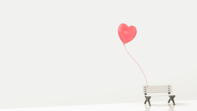 Red heart-shaped balloon attached to white bench, 3d rendering