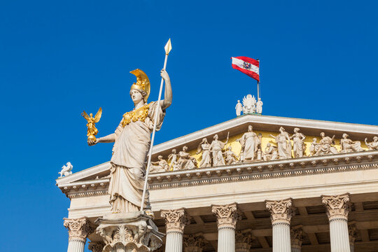 Austria, Vienna, parliament, Statue Pallas Athene, Austrian flag