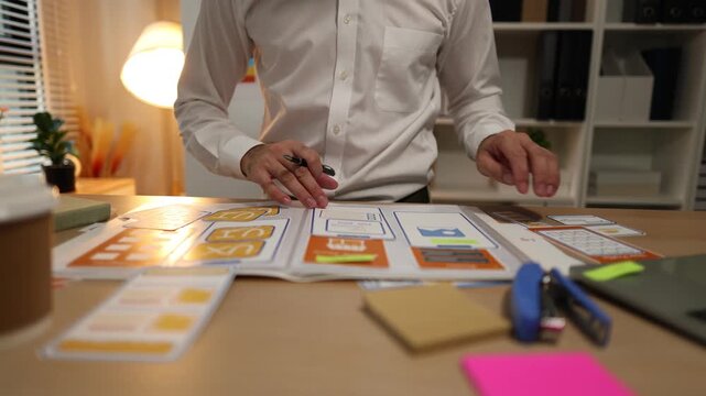 Business professional reviewing mobile application wireframes and user interface layouts while planning digital product development, UX design strategy, software features, and workflow optimization.