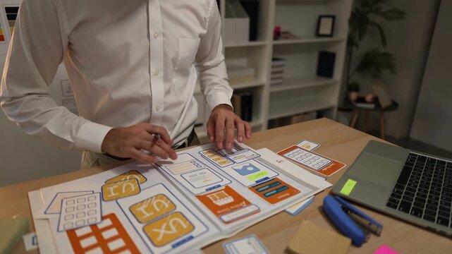 Business professional reviewing mobile application wireframes and user interface layouts while planning digital product development, UX design strategy, software features, and workflow optimization.