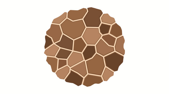 Circular mosaic pattern of brown paving stones with irregular shapes and light grout lines on a plain background, representing landscape architectural design and illustrating paving samples