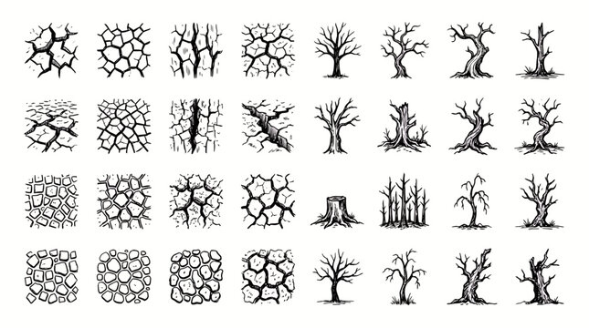 Large collection of hand-drawn cracked earth ground textures and withered dead tree sketches on white background, representing global warming consequences or environmental disaster awareness