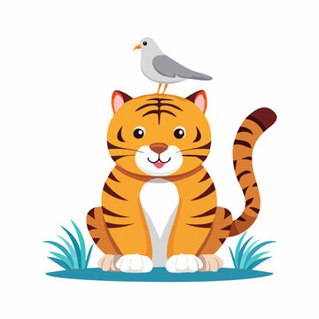 Cute cartoon tiger with a bird on its head