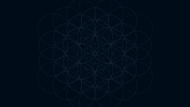 Sacred geometry mandala - seamless 4K loop. Radial symmetry with glowing 3-pass strokes on dark chakra-tinted background. For meditation, yoga, sound bath, frequency healing.