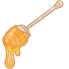 Honey Dripping from Wooden Dipper in Colorful Cute Cartoon Watercolor style © ป่าน อะคับ