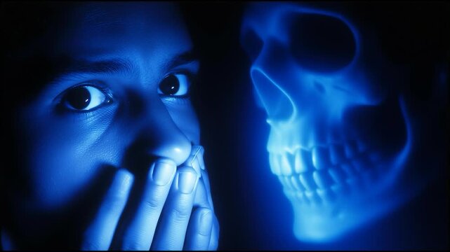 Human Skull and Contemplative Figure in Blue Light, Mortality Reflection and Existential Concept