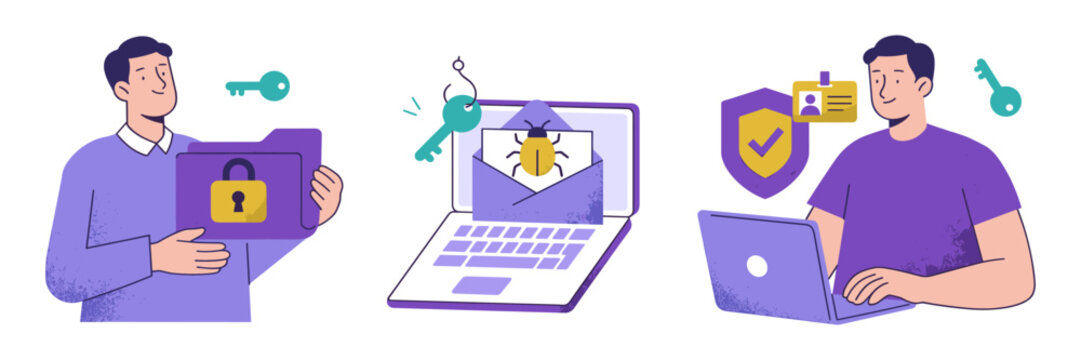 Cyber security and digital protection flat vector illustrations set with laptop folder shield security protection password internet technology information encryption business identification