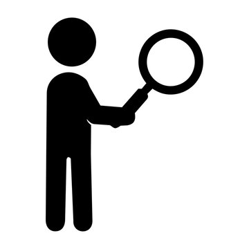 A simple pictogram depicting a person holding a magnifying glass for investigation and analysis.