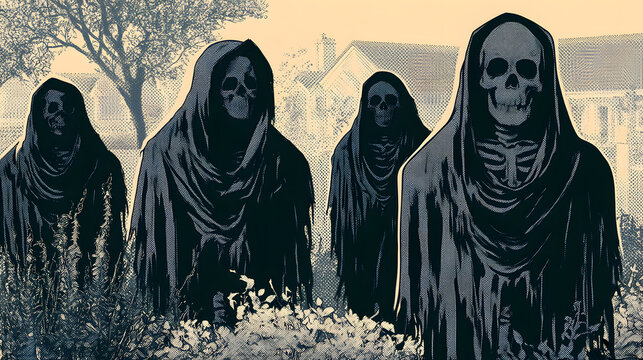 Retro comic book horror background with grim reaper skeletons and spooky garden decor
