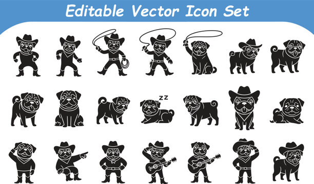 Collection of pug dog illustrations in cowboy and western style with silhouette, collection
