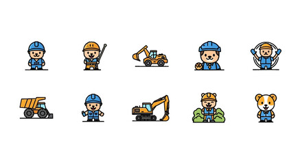 Fototapeta premium Construction workers and equipment icons.