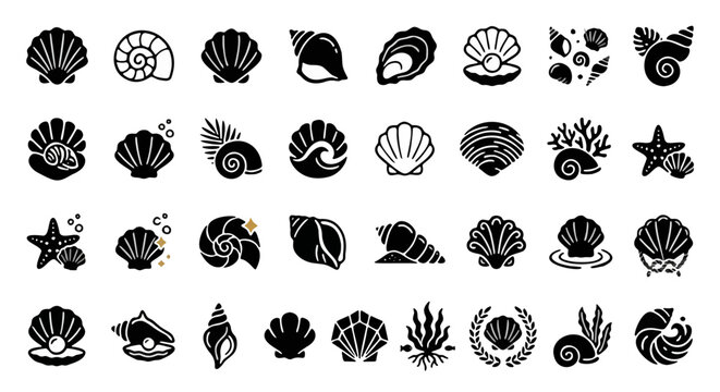 Seashell icon set with 32 black silhouettes, nautical ocean shell collection, marine life and beach nature vector elements for logo design