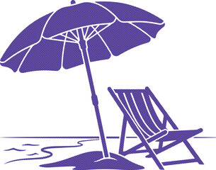 Relaxing beach vacation vector illustration, a purple parasol and lounge chair on the sand, summer holiday travel and leisure graphic asset isolated PNG with Transparent Background © Abida